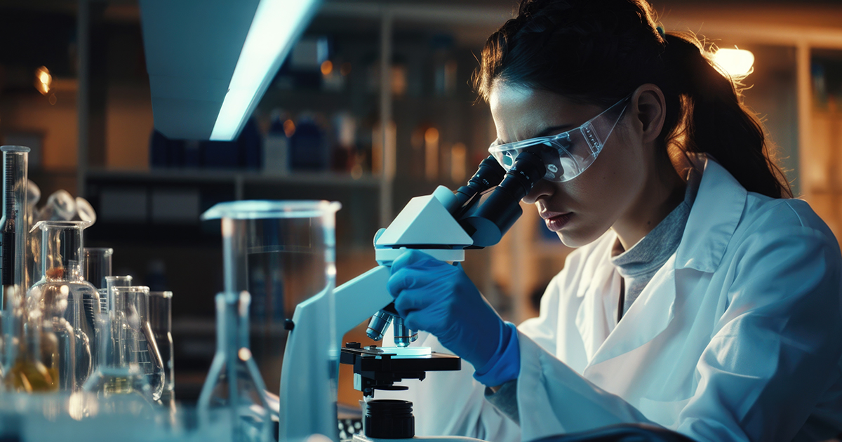 Biochemistry of Transfer Factor. Female scientist looking under microscope doing analysis of test sample.